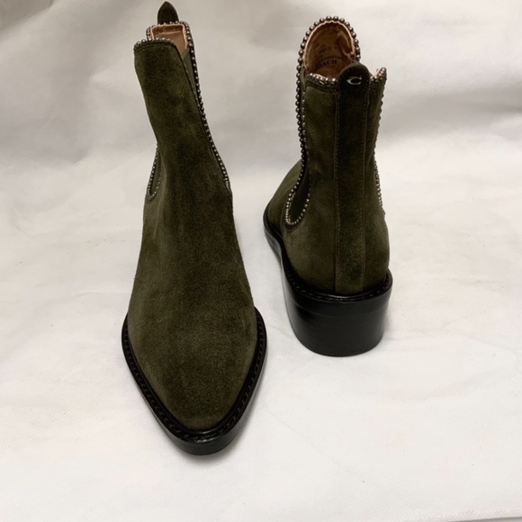 Coach Bowery bead Chelsea Khaki Green Suede Leather Ankle Fashion Boots Booties - Picture 14 of 14